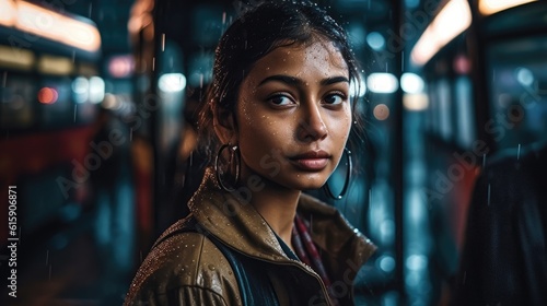 portrait of an Indian woman in the city in the raining generative ai