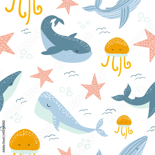 Seamless pattern with cute sea animals. Creative children's texture in Scandinavian style. Whales, jellyfish in pastel colors. Suitable for fabric, textiles, newborn clothes. Vector illustration.