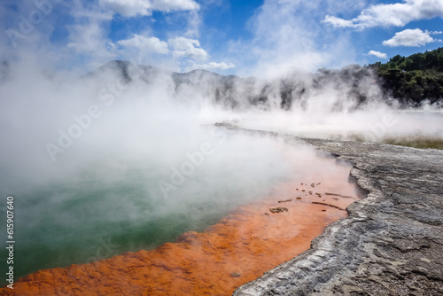 Photography Champagne Pool hot lake in Waiotapu geothermal area, Rotorua, New Zealand