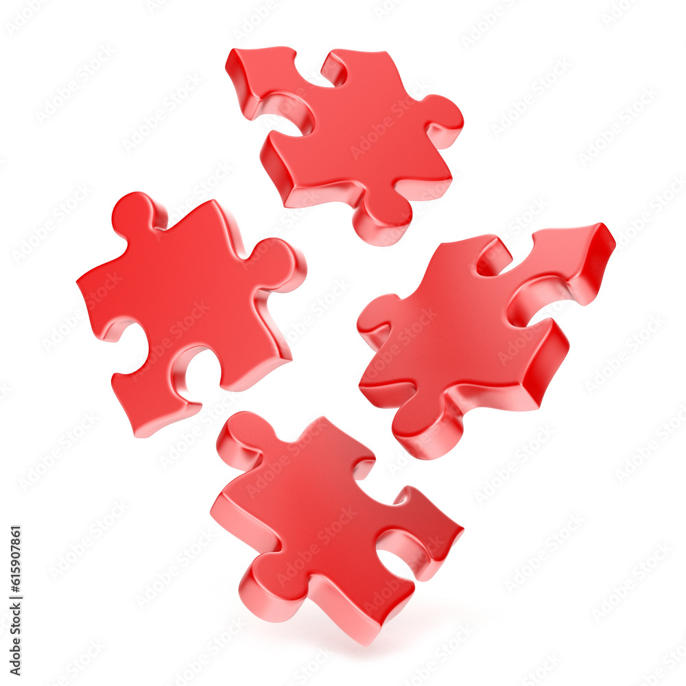 Red puzzles falling to the ground 3D render illustration isolated on white background Red puzzles falling to the ground 3D render illustration isolated on white background