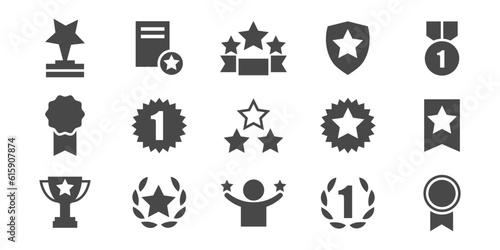 Set with award, award with number 1, one, trophy cup, trophy cup with star, winner medal, trophy star, user with rating vector icon 