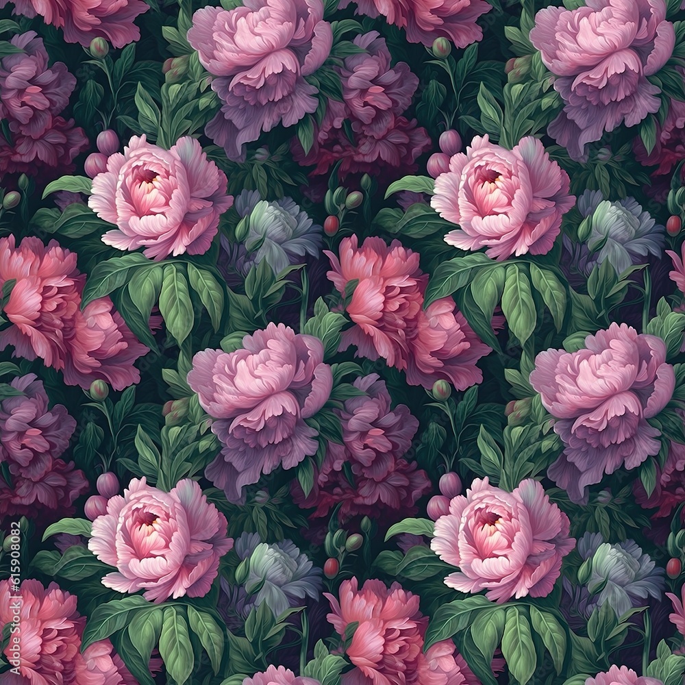 Seamless floral pattern with pink and violet peonies on dark background. Template design for textiles, interior, clothes, wallpaper. Botanical art Seamless floral pattern with pink and violet peonies on dark background. Template design for textiles, interior, clothes, wallpaper. Botanical art