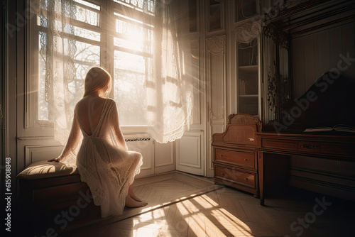 a woman sitting on the floor in front of a window with sunlight streaming through it and casting her shadow onto the floor