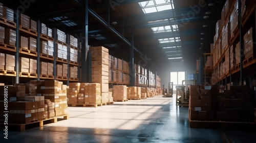 Large industrial warehouse interior view with high racks and high shelves. In the foreground are a lot of cardboard boxes. Generative AI