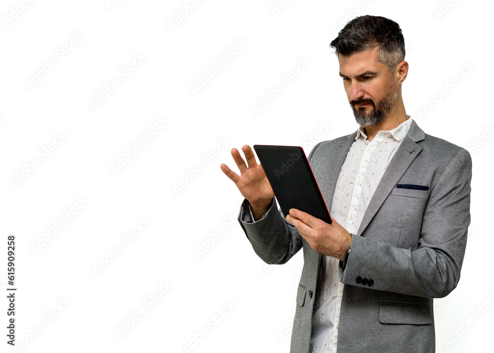 Mobile App Advertisement. Handsome Excited Man looking At tablet Screen, Posing Over white.
background Mobile App Advertisement. Handsome Excited Man looking At tablet Screen, Posing Over white.
background