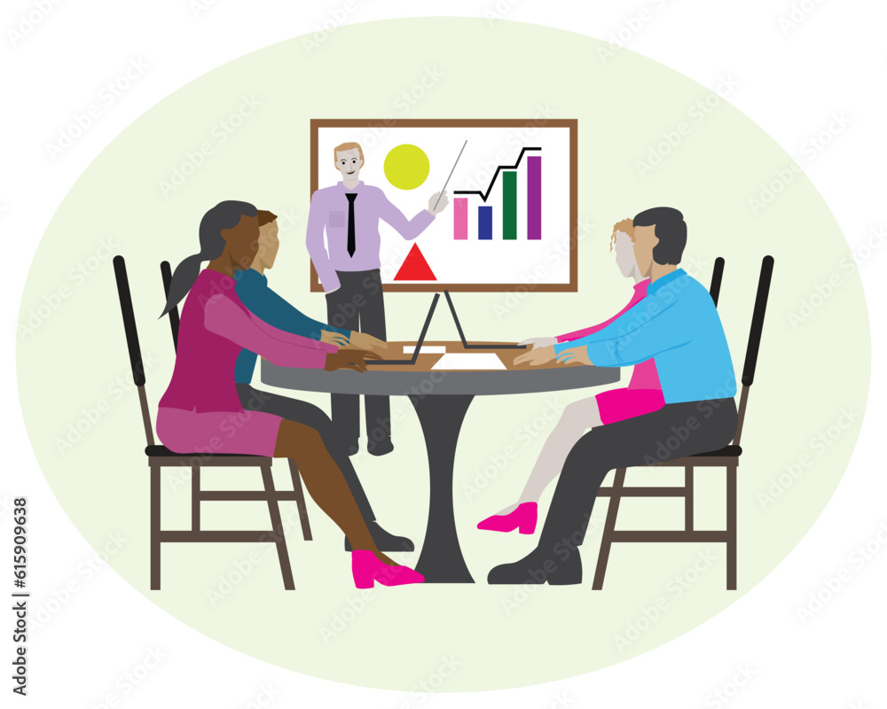 vector illustration of a man giving a briefing presentation progress chart business in front of a desk while male and female office workers or employees watching from a meeting table with a laptop set vector illustration of a man giving a briefing presentation progress chart business in front of a desk while male and female office workers or employees watching from a meeting table with a laptop set