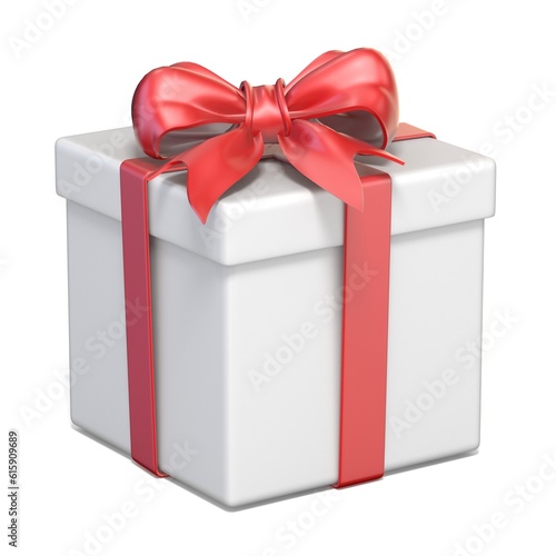 White gift box and red ribbon bow 3D render illustration isolated on white background