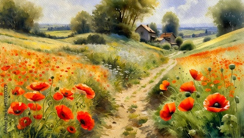 Old house in the woods, watercolor painting of a landscape in the morning, landscape with flowers and grass, poppies in the field of wheat