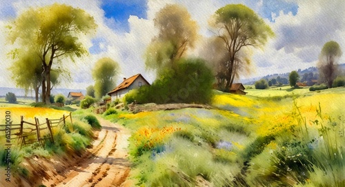 Old house in the woods, watercolor painting of a landscape in the morning, landscape with flowers and grass, poppies in the field of wheat
