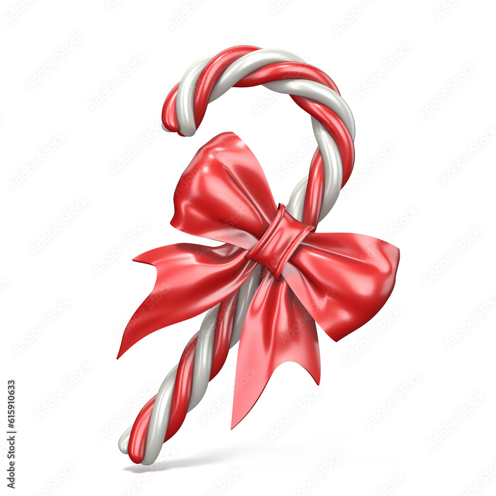 Christmas decoration made of candy cane and ribbon bow 3D render illustration isolated on white background Christmas decoration made of candy cane and ribbon bow 3D render illustration isolated on white background