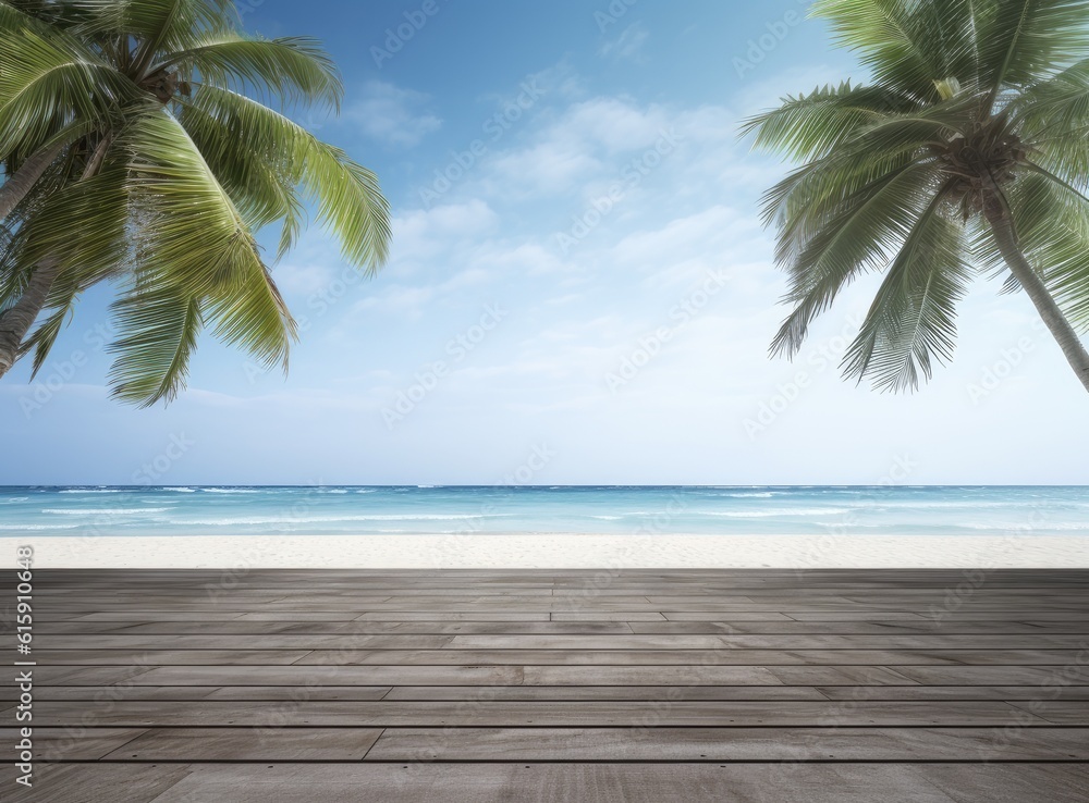 Empty wooden table and palm leaves with party on beach blurred background in summer time. Created with Generative AI technology. Empty wooden table and palm leaves with party on beach blurred background in summer time. Created with Generative AI technology.