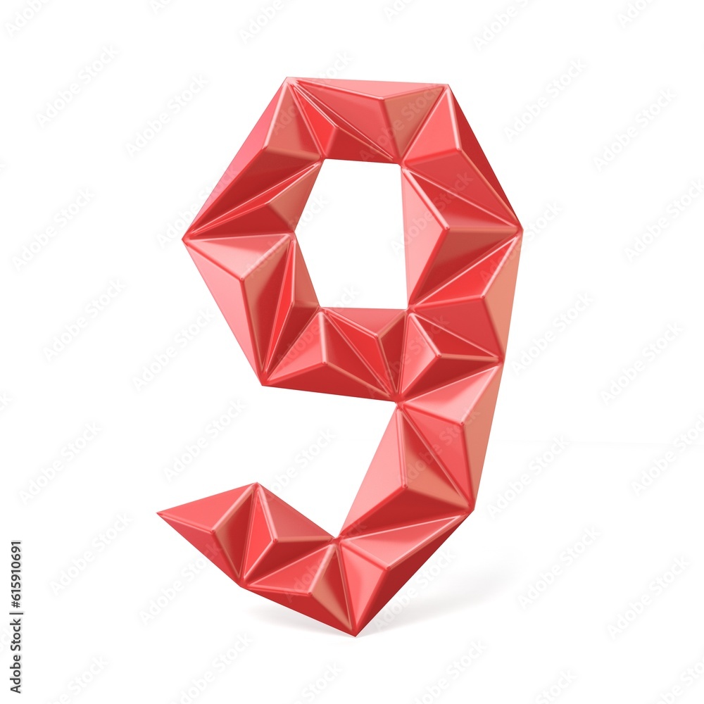 Red modern triangular font digit NINE 9 3D render illustration isolated on white background Red modern triangular font digit NINE 9 3D render illustration isolated on white background