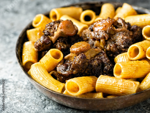 Фотография close up of a pan of rustic italian oxtail ragu pasta
