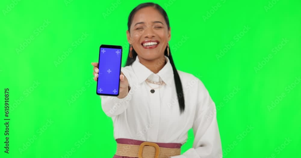 Phone, green screen and smile with business woman and tracking markers for show, social media or internet. Online, website and contact with portrait of employee on background for technology mockup Phone, green screen and smile with business woman and tracking markers for show, social media or internet. Online, website and contact with portrait of employee on background for technology mockup