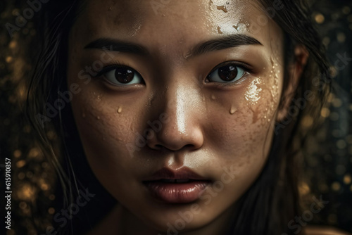 A close up of an asian woman's face with a lot of sweat Generative Ai