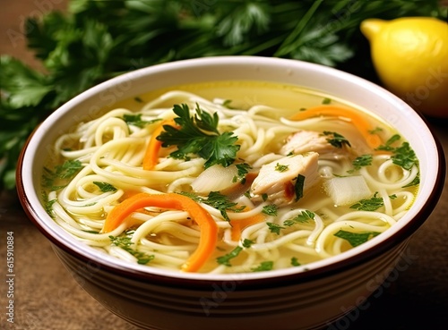 Homemade chicken soup with noodles and vegetables in a white bowl, white background. Healthy warm comfortable food. Created with Generative AI technology.