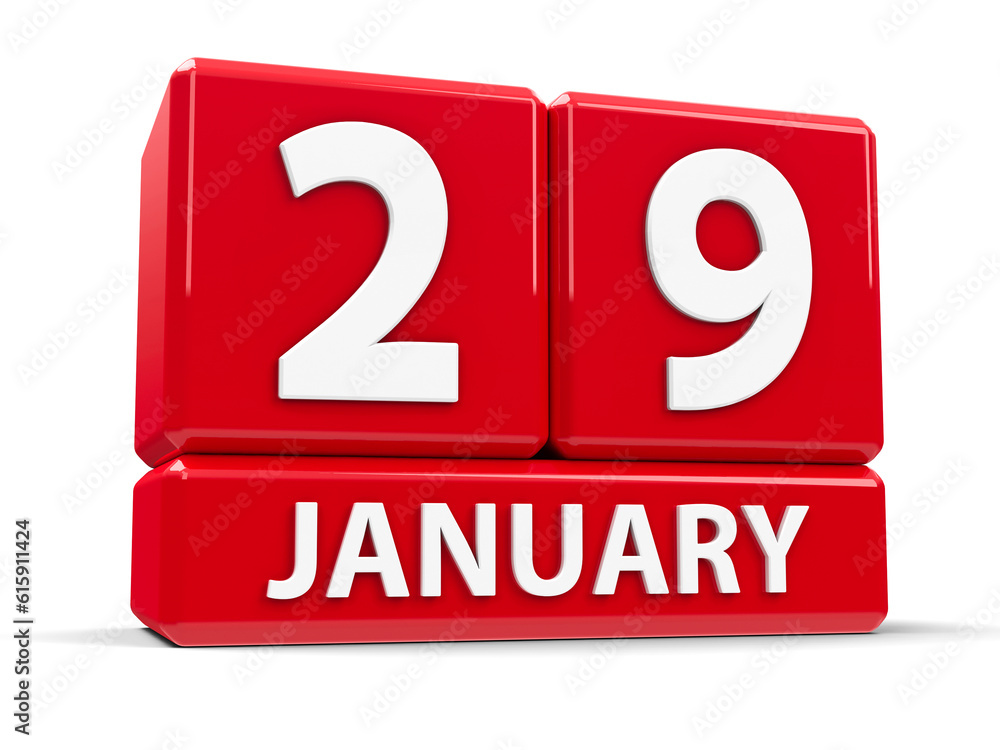 Red cubes - The Twenty Ninth of January - on a white table, three-dimensional rendering, 3D illustration Red cubes - The Twenty Ninth of January - on a white table, three-dimensional rendering, 3D illustration