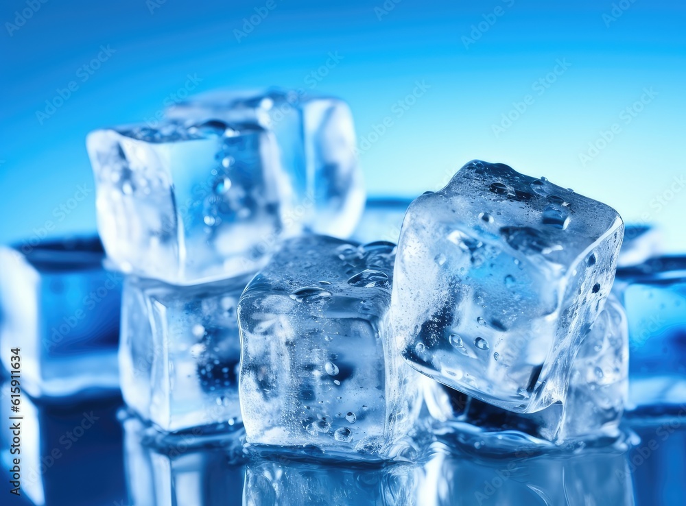 Three melting ice cubes on glass table. On white background. Created with Generative AI technology.