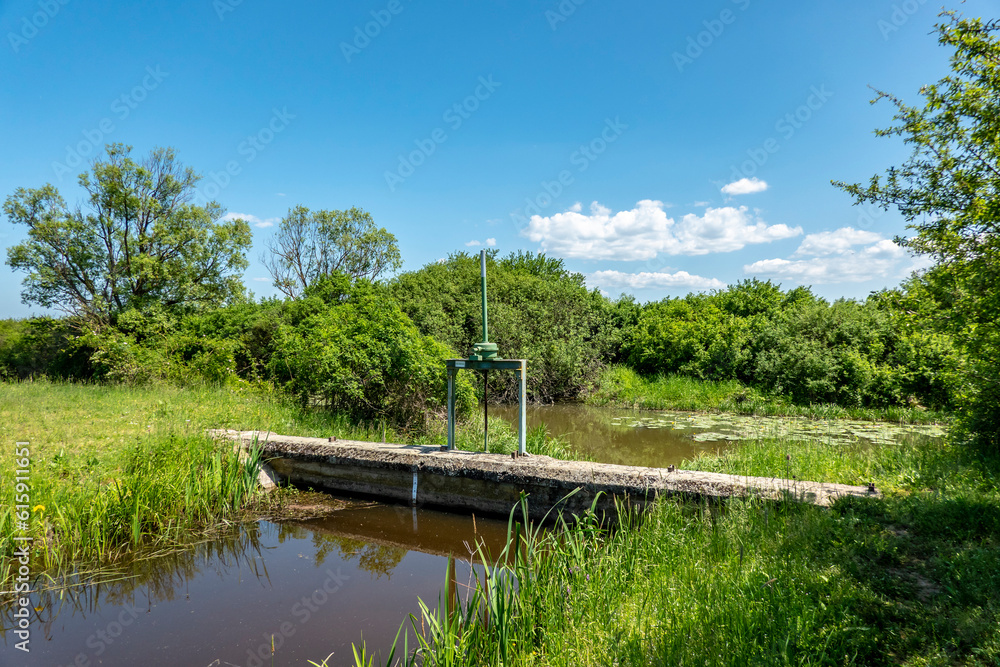 Fototapeta premium A water channel in the swamps with a dam to regulate the amount