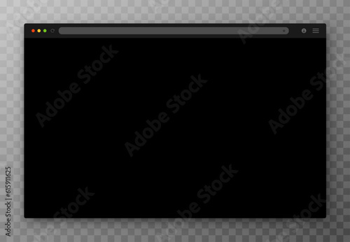The design of the web browser window in black on a transparent background. An empty website layout with a search bar and buttons. Vector EPS 10.