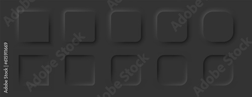 Square buttons in a neomorphic style. A set of user interface design elements in black. Vector EPS 10.