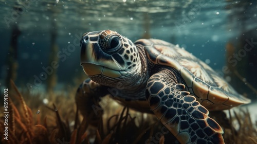 Baby turtle swimming in the ocean, generative AI © TraveVisuals