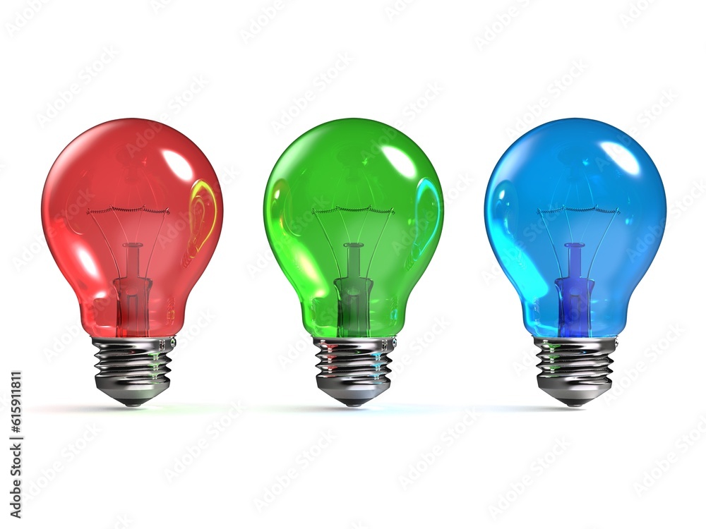 RGB red, green and blue light bulbs 3D render illustration isolated on white background RGB red, green and blue light bulbs 3D render illustration isolated on white background