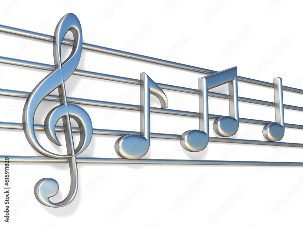 Music notes on staff lines 3D render illustration isolated on white background Music notes on staff lines 3D render illustration isolated on white background