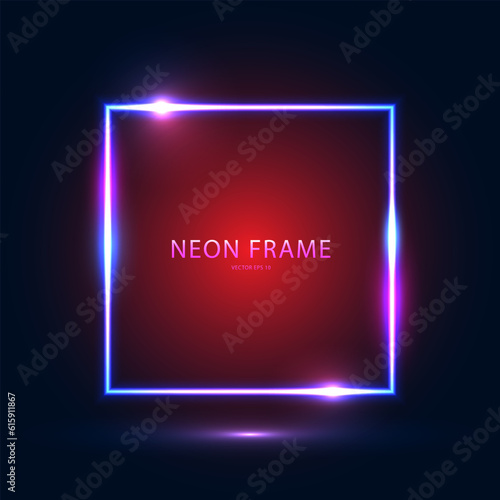 Neon square blue frame with highlights on a dark blue red background. Abstract futuristic neon background. Vector EPS 10.