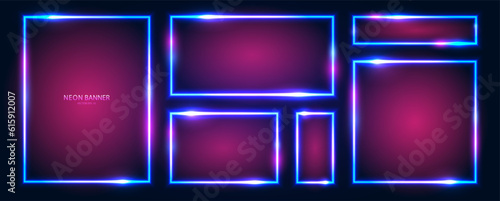 Rectangular neon banners with shining effects, highlights on a dark background. A set of futuristic modern neon glowing frames. Vector illustration.