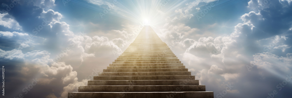 Stairway through the clouds to the heavenly light. Stairway to heaven. Banner. Copyspace. Generative AI