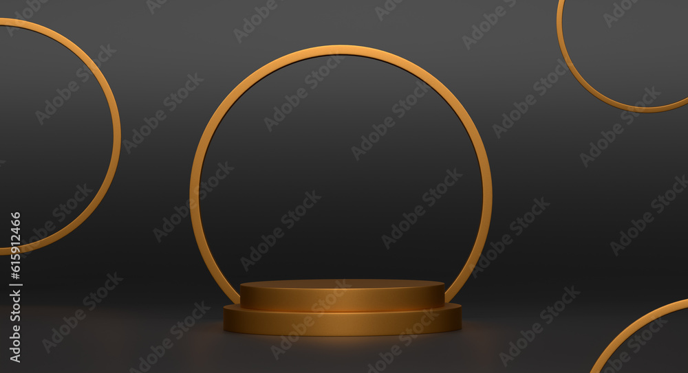 Pastel gold cylinder podium with steps on black background