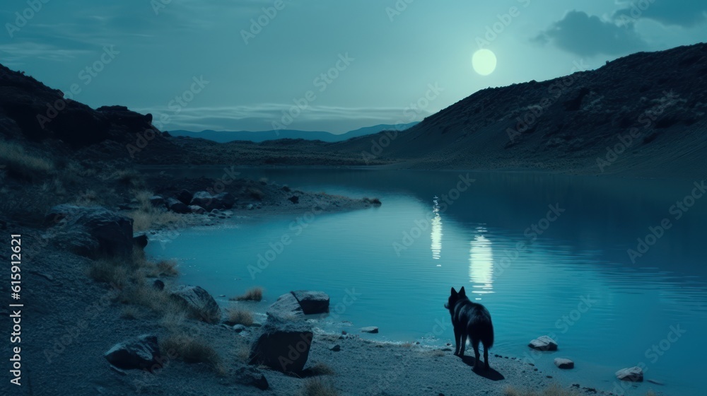 Bright blue lake with a dog, generative AI