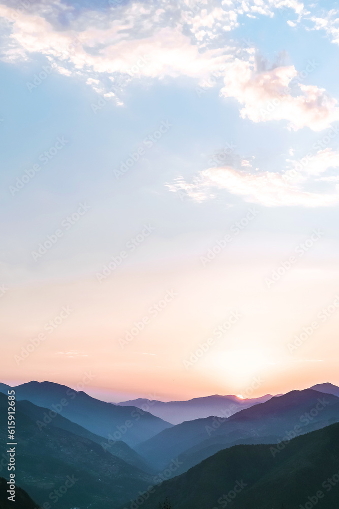 Sunset in the mountains. Eco travel, banner travel, wellness travel,slow travel, view, background
