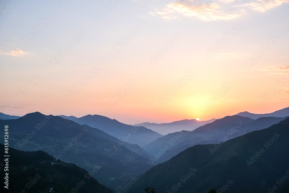 Sunset in the mountains. Eco travel, banner travel, wellness travel,slow travel, view, background Sunset in the mountains. Eco travel, banner travel, wellness travel,slow travel, view, background