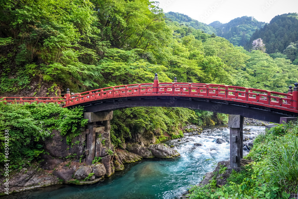 Futarasan jinja. Red wooden Shinkyo bridge, Nikko, Japan Futarasan jinja. Red wooden Shinkyo bridge, Nikko, Japan