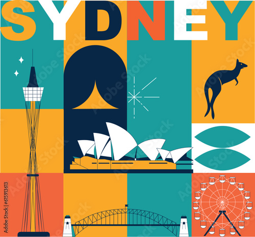 Typography word "Sydney" branding technology concept. Collection of flat vector icons, culture travel set famous architectures, specialties detailed silhouette. Australian landmark video split screen