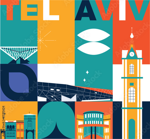 Typography word Tel Aviv branding technology concept. Collection of flat vector web icons. Israel culture travel set, architectures, specialties detailed silhouette. Doodle famous landmarks.