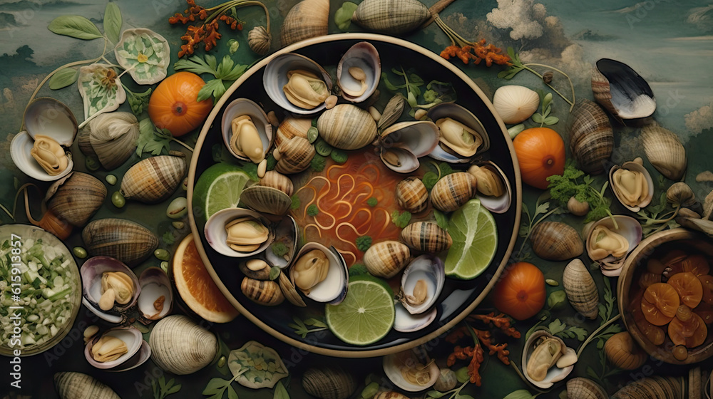 clams in a bowl surrounded by other clams and oranges on a green tablecloth with mountains in the background