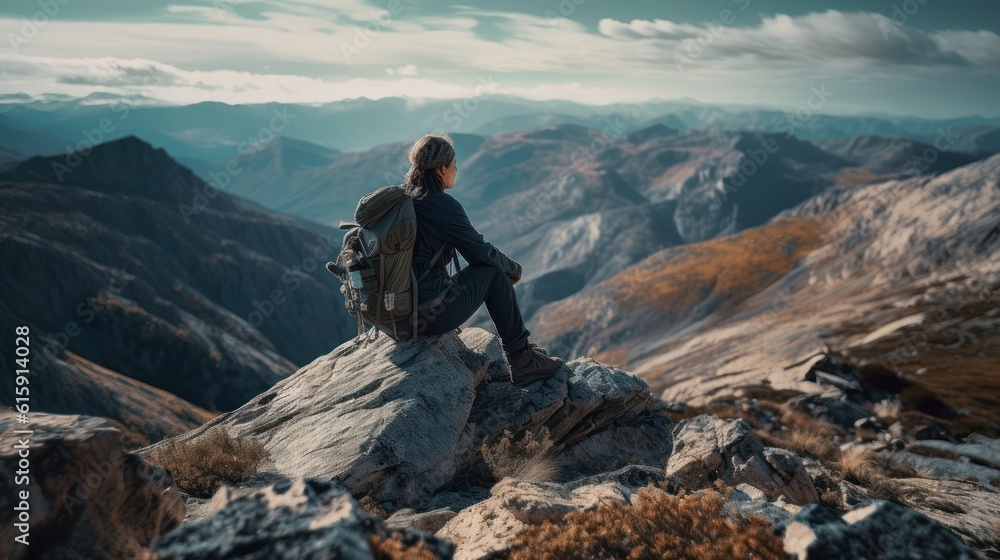 Hiker enjoying the view on a mountain, generative AI