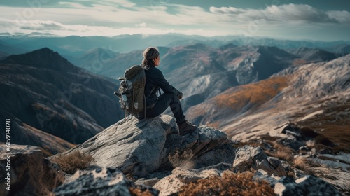 Hiker enjoying the view on a mountain, generative AI © TraveVisuals