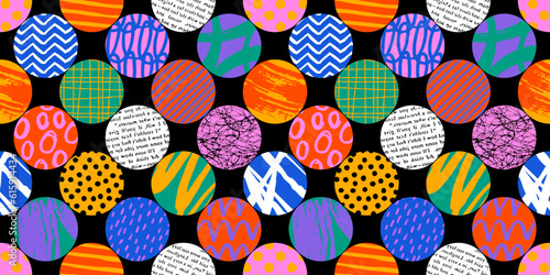 Colorful circle polka dot seamless pattern with collage art texture. Modern contemporary art background, round geometric shape hand drawn print, maximalist graffiti paint wallpaper.
