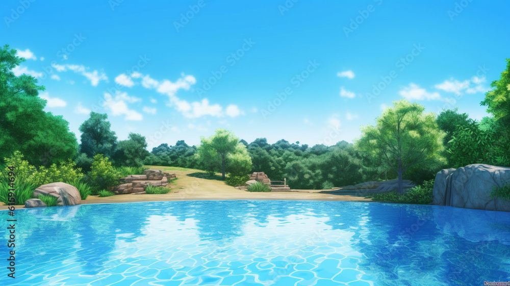 Beautiful wide format photorealistic detailed image of a swimmingpool with a small waterfall in the background, bright blue water, surrounded by some palm trees on a bright summer day