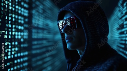 Hacker in a sunglasses on blue digital background. Concept of cyber security and attack. Internet hacking. Geek in a dark room. Concept - computer geek. Generative ai