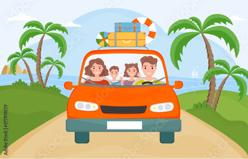 Happy family riding A car. Summer traveling by automobile. Parents and two children on vacation. Summer road trip. Family with children in the red car.
