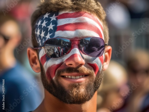 Joyful fan in the colors of the U.S. flag on his face at the stadium in a crowd of fans. Generative ai