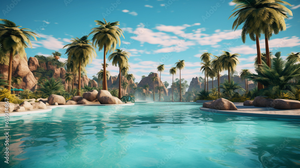 Obraz premium Beautiful wide format photorealistic detailed image of a swimmingpool with a small waterfall in the background, bright blue water, surrounded by some palm trees on a bright summer day