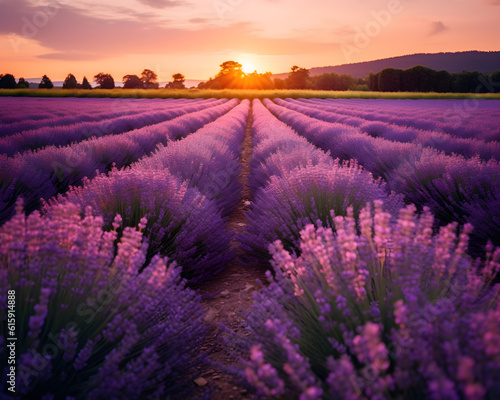 Sunset in a field of lavender, generative AI illustrations