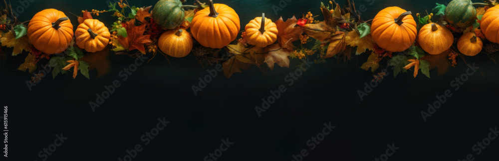 Halloween, thanksgiving or harvest banner row of pumpkins, fall leaves on black-green background with copy space. Generated AI.