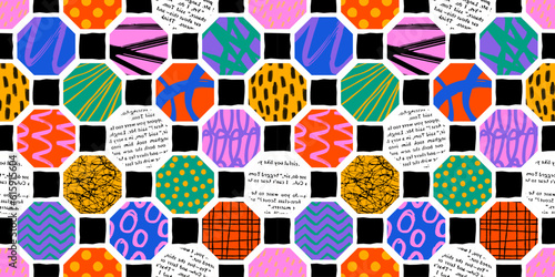 Colorful seamless pattern with collage art texture. Modern contemporary art background, geometric shape hand drawn print, maximalist graffiti paint wallpaper.